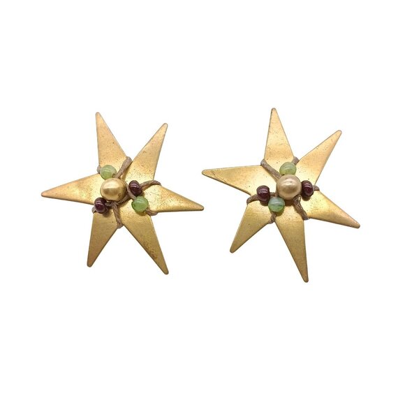 Vintage Brass Starburst Clip-On Earrings with Beaded Accents - Picture 1 of 4